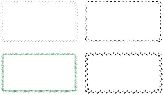 Decorative rectangular border frames with animal footprints and green grass texture.