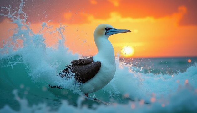 Blue footed booby bird stands in ocean wave during sunset. Seabird on turquoise water with orange sky and sun. Wildlife birdlife action splash.