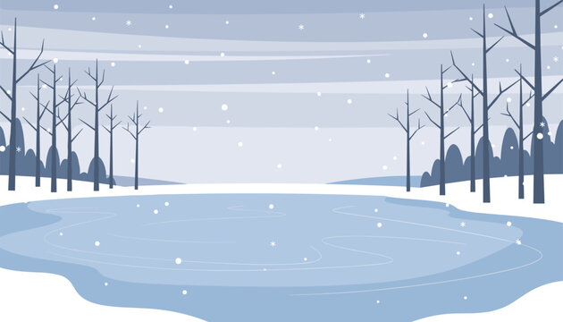 Peaceful winter landscape featuring a frozen lake, snow-covered ground, and bare trees under a light snowy sky.