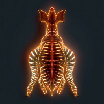 The illustration shows an okapis full body from an overhead view with glowing features and a symmetrical design on a dark background.