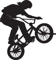 Naklejka premium BMX Bicycle Trick Pose Silhouette Vector Illustration Extreme BMX Rider Performing Stunt Silhouette Freestyle BMX Bike Jump Black Silhouette Design BMX Cyclist Mid-Air Trick Silhouette Isolated Action