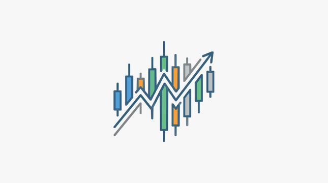 Financial stock market candlestick chart with upward trend arrow.