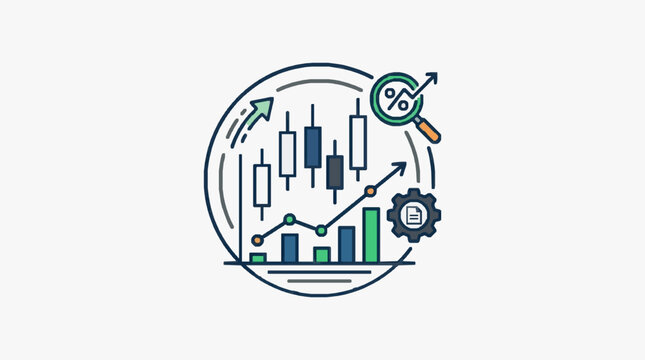 Financial stock market trading chart analysis with magnifying glass and gear icon.
