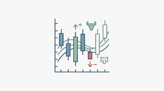 Stock Market Candlestick Chart Analysis with Bull and Bear Symbols.