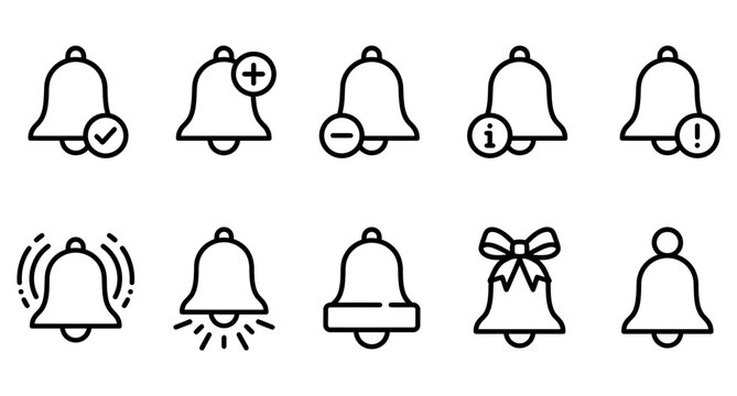 Bell icons set, line art illustration of notification bells