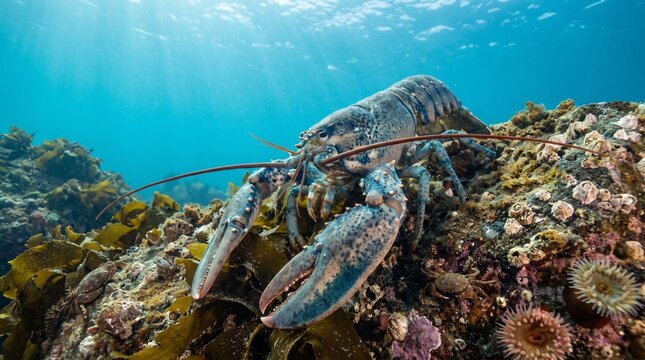 Blue lobster on rocky seabed