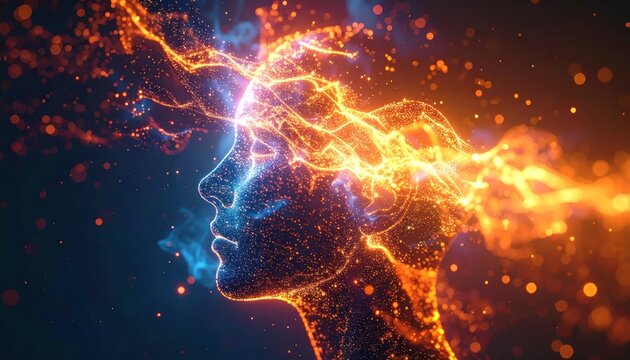Digital glowing profile of human face with energy sparks.