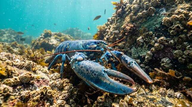 Blue lobster on rocky seabed