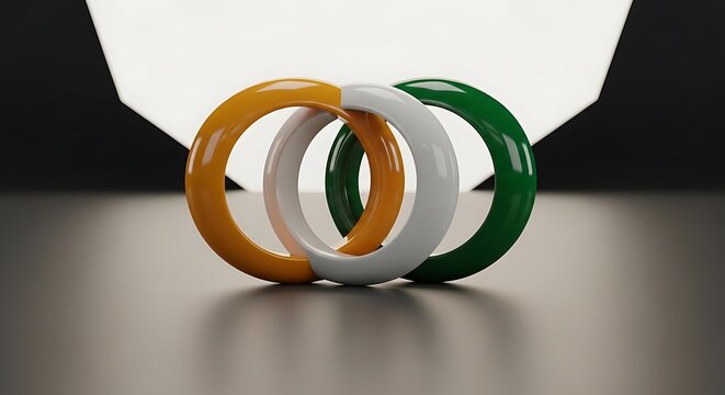 Three interlocking rings in saffron white and green colors on dark background