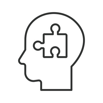 Problem solving and mental health, icon in line design. Puzzle, head, brain, solution, mind, intelligence, autism on white background vector. Problem solving editable stroke icon