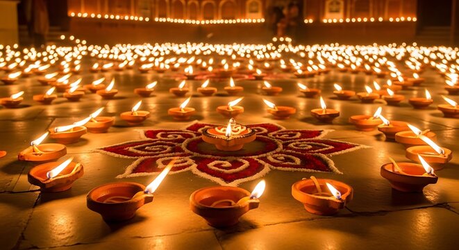 Traditional clay oil lamps glowing on a decorative rangoli pattern at night