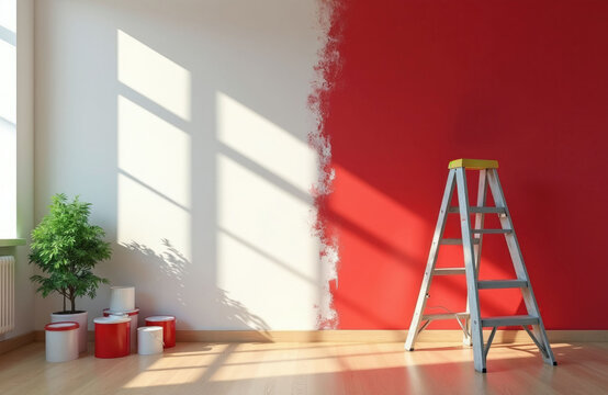 Room interior half painted red with white wall. Ladder and paint cans sit on wooden floor. Sunlight streams through window creating shadows. Plant adds touch of life. Home improvement concept.