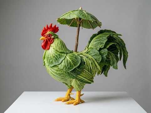Green cabbage rooster with umbrella on white table