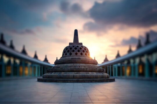 Ancient stupa glows at sunrise with dramatic clouds.