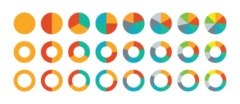Circle icons for infographic, UI, web design, business presentation. Vector illustration. Set of colorful pie charts. Colorful pie charts with varying segments.  Vector isolated on white background. 
