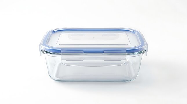 Empty glass food storage container with a blue airtight lid for kitchen organization. leak-proof packaging 