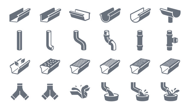 Gutter System Components Icon Set: Downspouts, Elbows, Joints, and Drainage Elements