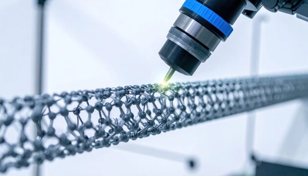 Close-up of 3D printer nozzle fabricating a carbon nanotube.