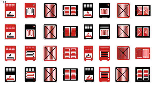 Collection of Heating Devices Icons: Radiators, Electric Heaters, and Fireplace Emulators