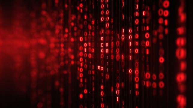 Red digital code flows in a dark abstract background with bokeh effects.