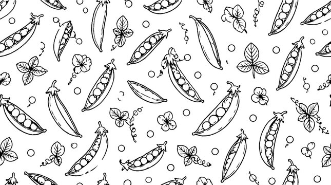 Hand drawn pea pods and flowers pattern design.