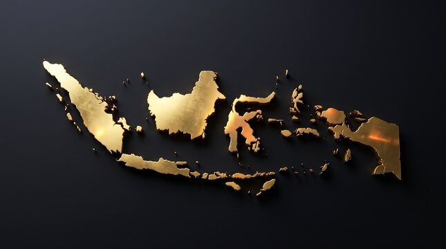Golden Indonesia map gleams against a dark background