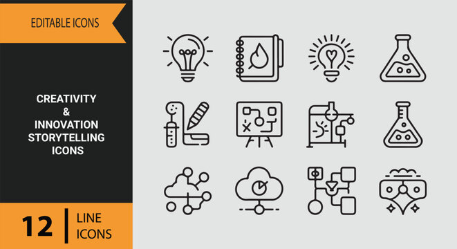 Creativity and Innovation Storytelling Outline Icons for Agency Brainstorming Concept Development Product Launch