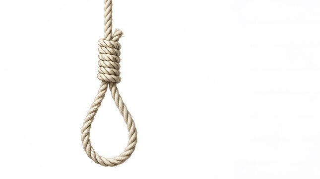 A thick brown rope tied in a traditional hangman noose knot hanging down as a symbol of death or suicide concept
