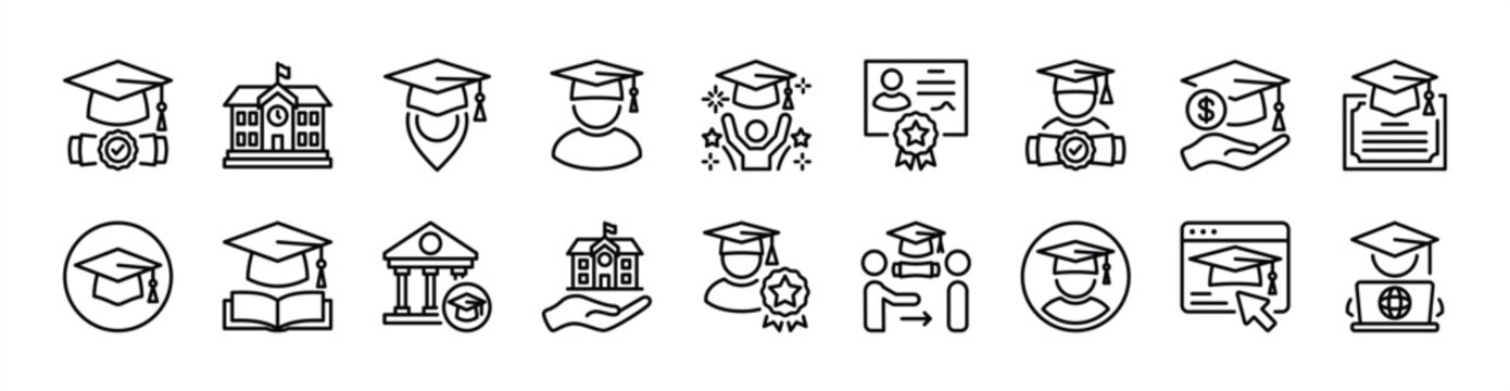 University thin line icon set. Contains school building, graduation cap, map pin, celebration, student, certificate, diploma, college, academic, ceremony, mortarboard, website - vector illustration