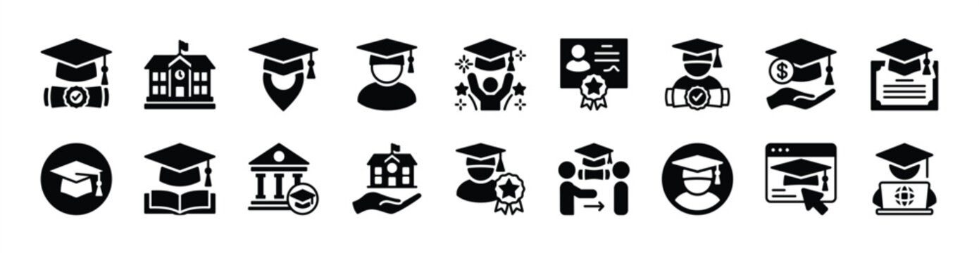 University icon vector set. Contains graduation cap, school building, map pin, celebration, student, certificate, diploma, college, academic, ceremony, mortarboard, website - illustration