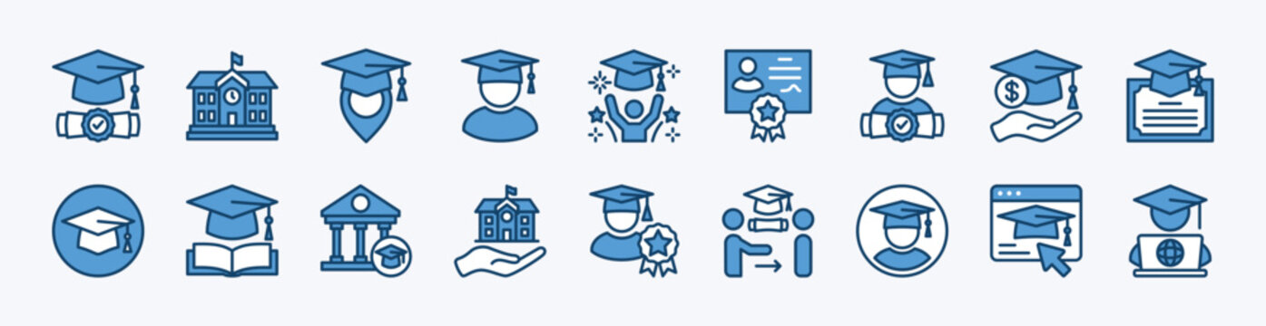 Set of university icon. Contains graduation cap, school building, diploma, student, academic, map pin, celebration, certificate, college, ceremony, mortarboard, website. Vector illustration