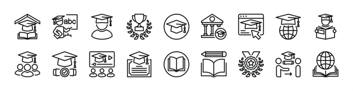 Academy thin line icon set. Contains learning, training, studying, course, student, award trophy, graduation cap, university, website, education, book, badge, certificate. Vector illustration