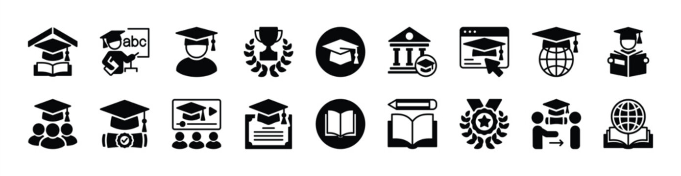 Academy icon vector set. Contains learning, studying, training, education, course, student, award trophy, graduation cap, university, website, book, badge, certificate - illustration