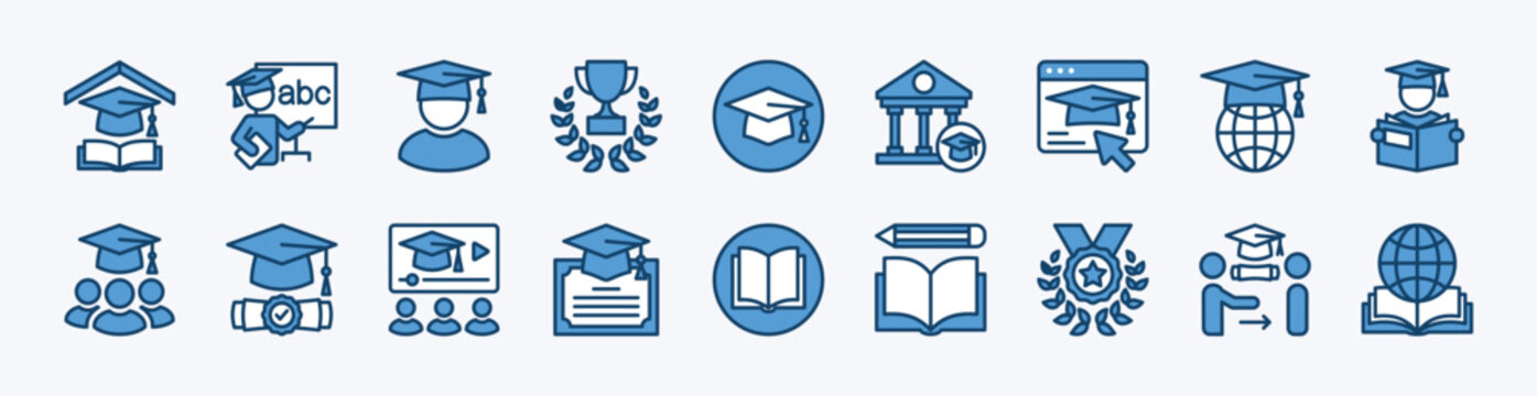Set of academy icon. Contains training, learning, studying, education, graduation cap, course, student, award trophy, university, website, book, badge, certificate - vector illustration