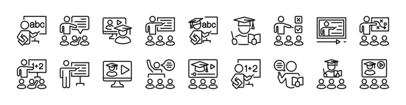 Teacher icon set. Contains training, online learning video, studying, education, coaching, classroom, student, lesson, course, student, lecture, tutor, school, seminar - vector illustration