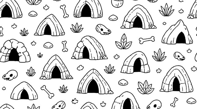 Prehistoric campground with teepees and dinosaur bones.