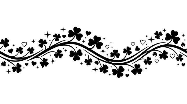 Shamrock vine silhouette PNG with black clovers and tiny hearts, isolated on white background, wavy seamless border for Saint Patricks Day celebration