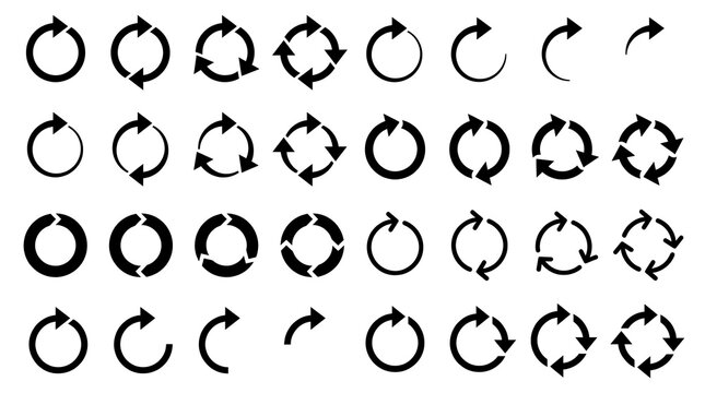 Minimalist Circular Arrow Icons Collection Featuring Rotation, Refresh, Recycling, Synchronization, Looping, and Process Flow Symbols.