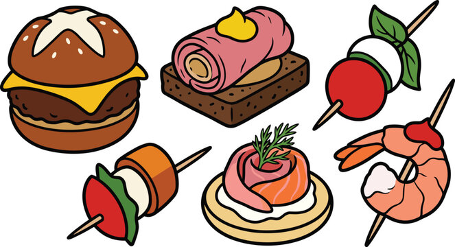Hand Drawn Appetizer and Snack Set with Burger, Canape, Skewer, Bruschetta, and Shrimp Icons for Restaurant Menu Designs