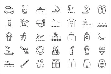 Fototapeta premium Resort Holiday Icon Collection with Lifeguard Swimwear Umbrella and Sunscreen