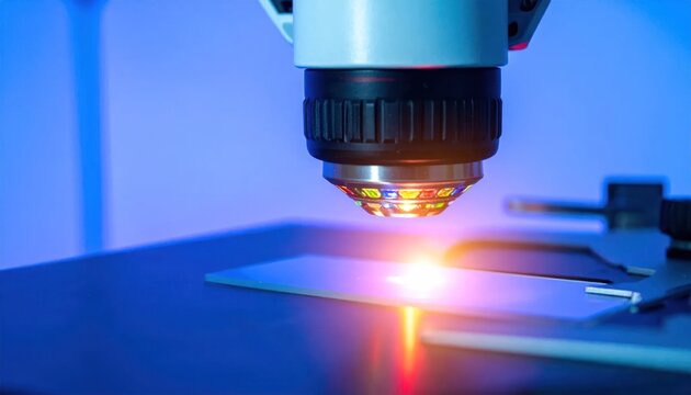 Close up of microscope lens focusing on laser light.