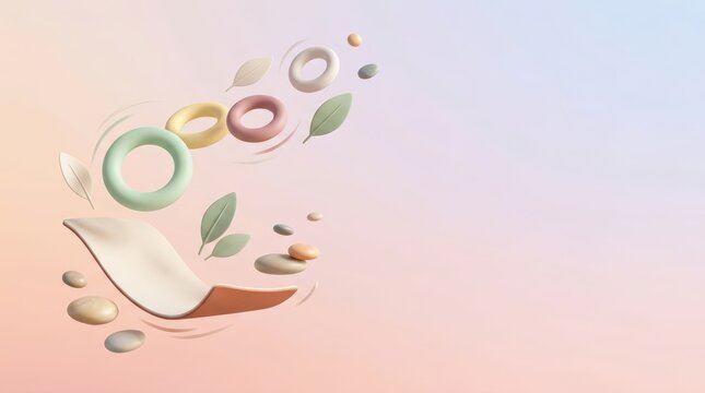 Minimal floating mat with soft rings and leaves on pastel background