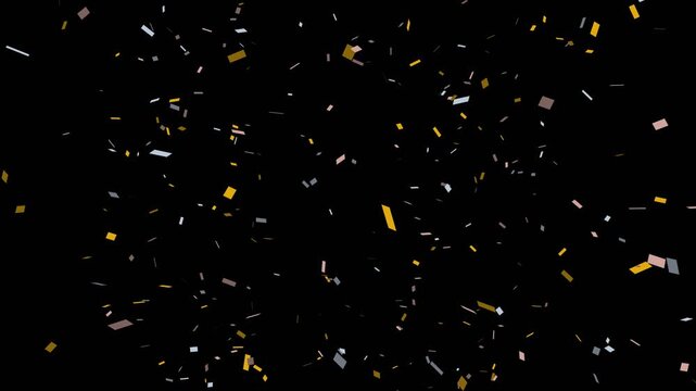 Confetti paper fragments and metallic foil shards falling in slow motion with spinning movement on black background for festive celebration projects