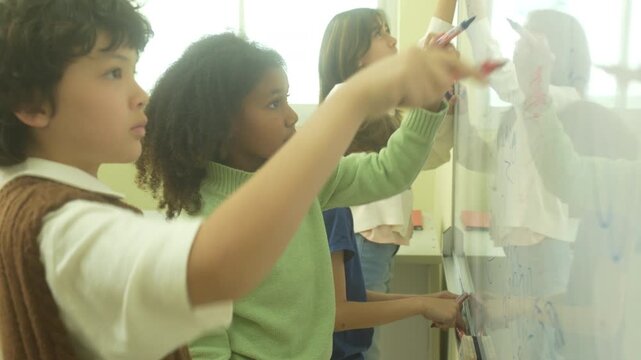 Multi-ethnic elementary school children assembling DIY robotic models during a STEM class with a senior teacher.