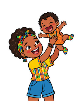Happy African Woman Holding Laughing Baby in Colorful Traditional Clothing Joyful Mother and Child Vector Illustration afro geometric flat design