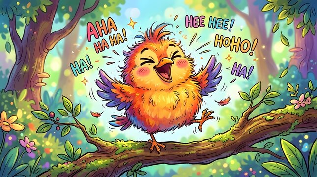 A cheerful cartoon bird with vibrant orange and yellow feathers laughs joyfully on a tree branch in a whimsical, colorful forest.