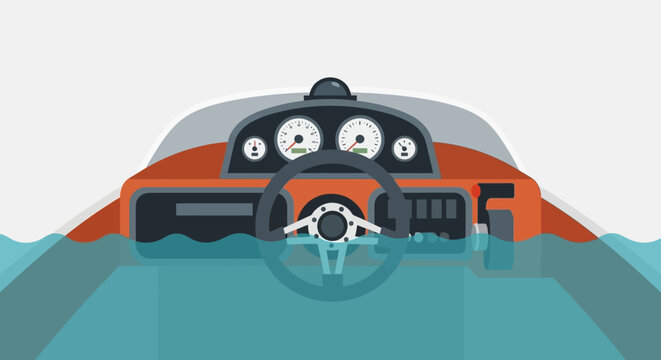 Speedboat dashboard with steering wheel and gauges.