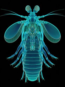 Peacock mantis shrimp displays its raptorial appendages and bright colors while preparing to strike in a confrontational pose.