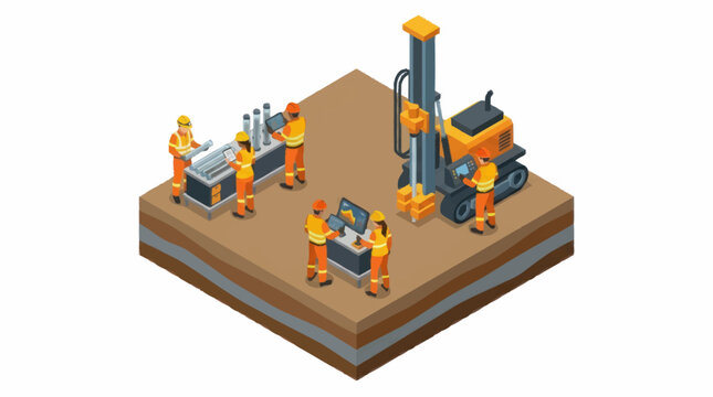 Isometric illustration of oil drilling site with workers and machinery.