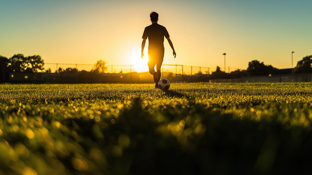 Lone silhouette of a player dribbling along an empty touchline at golden hour, long grass shadows, minimalist composition with large empty sky for text.